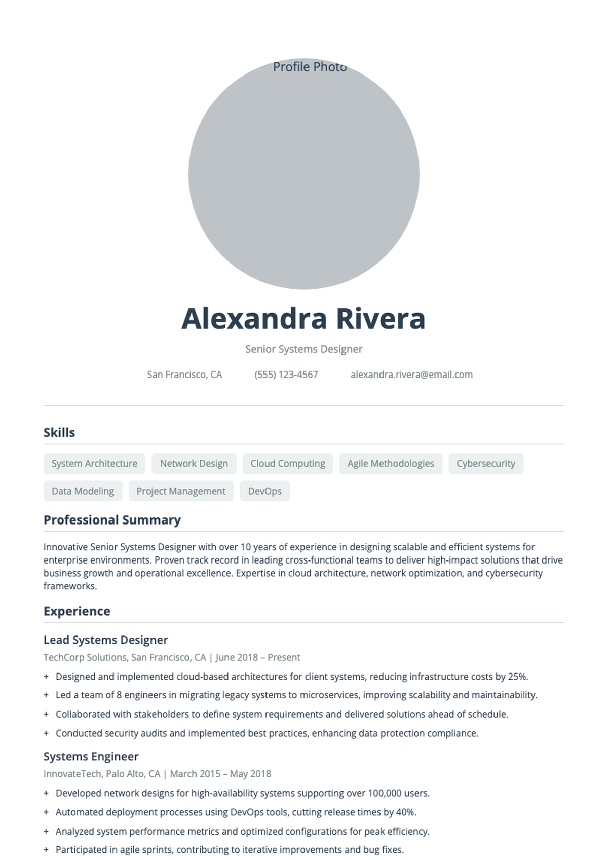 Professional systems designer resume with photo and detailed sections_variant_1